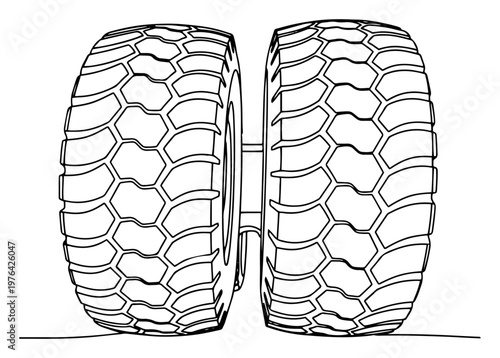 Heavy duty dual tires of a large tractor or truck in continuous line drawing