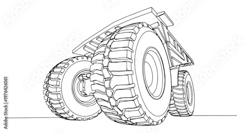 Large industrial mining dump truck shown from a low perspective in one line art