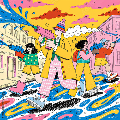 A vibrant cartoon illustration depicting a group of people joyfully engaging in a water gun fight on a colorful, stylized street