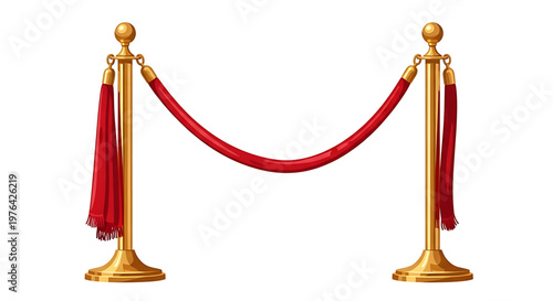 A vector graphic illustration of a red velvet rope barrier with gold stanchions on a white background