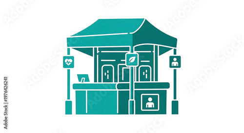 A teal-colored vector graphic illustration of a small tented information booth with a canopy and signs