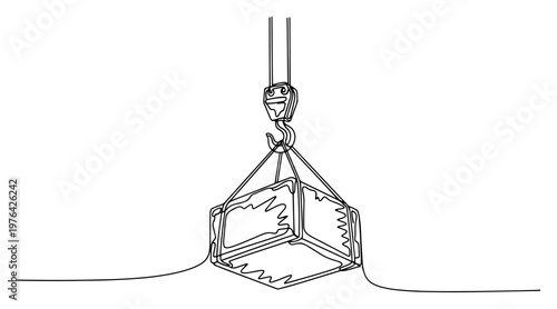 Continuous line drawing of a crane hook lifting a heavy cargo crate or container