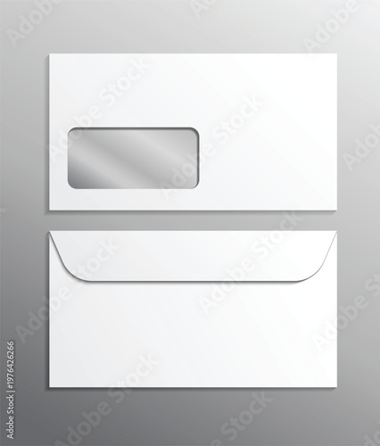 Two white envelopes with window and standard flap isolated on gray