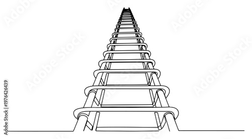 Minimalist single line drawing looking up a tall ladder structure into the sky