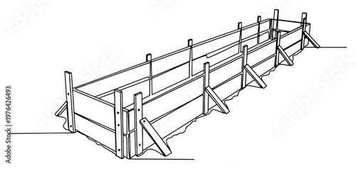 Continuous line drawing of wooden formwork for concrete foundation construction