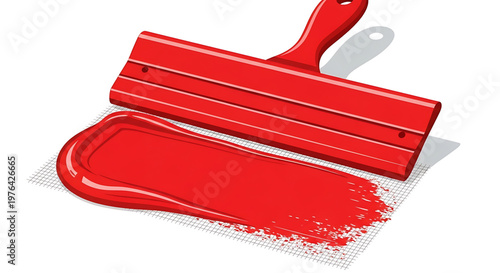 A vibrant red squeegee spreading paint across a screen in a smooth motion
