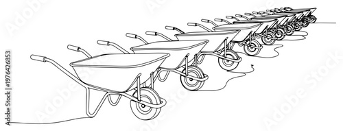 Continuous line drawing of a long row of construction wheelbarrows in perspective view