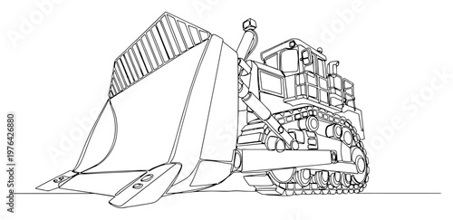 One line art of a heavy industrial bulldozer with a large front blade for earthmoving
