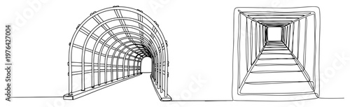 Continuous one line drawing showing perspective views of arched and square tunnels