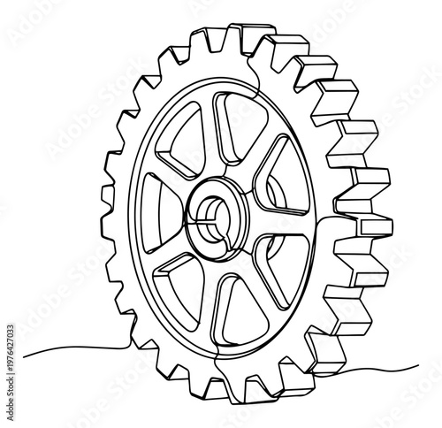 Industrial mechanical gear wheel drawn in a minimalist continuous line style