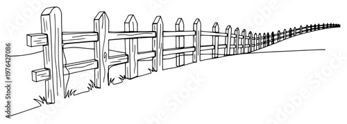Long wooden ranch fence disappearing into the distance in single line art