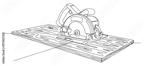 One line art illustration of a circular saw cutting a wooden plywood board