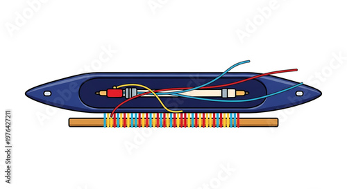 A vector graphic illustration of a blue electronic component with colorful wires and a circuit board