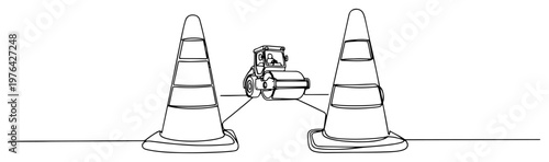 One line illustration of traffic cones and a road roller for construction work