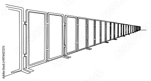 Continuous line art of temporary modular fencing panels in perspective