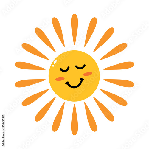 Calm smiling sun with soft rays design. Relaxed summer weather icon with closed eyes