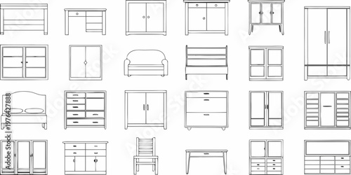 Collection of furniture outlines cabinets dressers chairs and beds