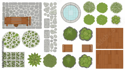 Aerial view of various garden and landscape elements arranged in a grid