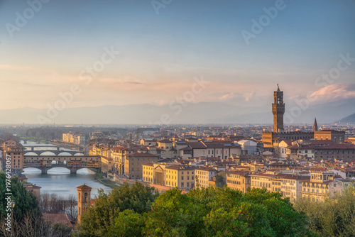 Florence Skyline at Sunset with Ponte Vecchio and Palazzo Vecchio
