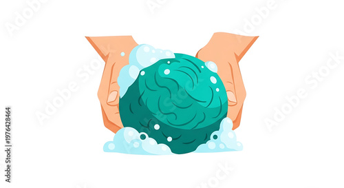 A vector graphic illustration of two hands cradling a green brain surrounded by soap bubbles