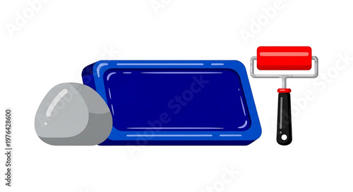 A vector graphic illustration of a paint tray with a roller and paint can