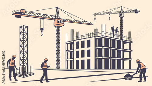 A vector graphic illustration of construction workers and cranes building a modern structure