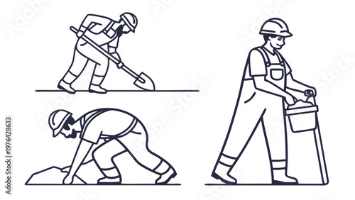 A set of vector illustrations depicting construction workers in various poses and actions