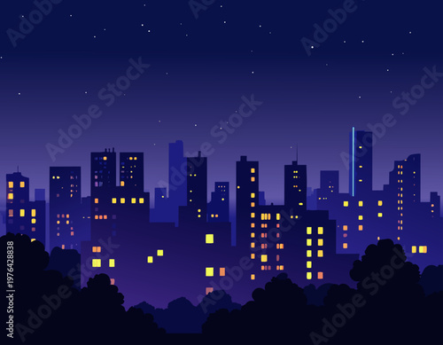  Escena nocturna de ciudad con edificios en sombra y ventanas encendidas creando contraste sobre fondo azul oscuro.
