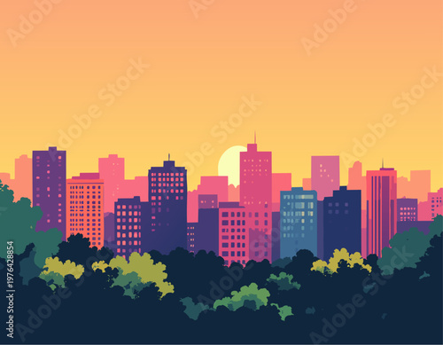  Ciudad colorida al atardecer con rascacielos y vegetación en primer plano bajo cielo cálido naranja.
