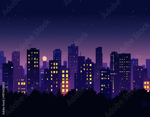  Silhueta de ciudad con edificios altos y ventanas iluminadas en tonos cálidos sobre cielo nocturno púrpura.
