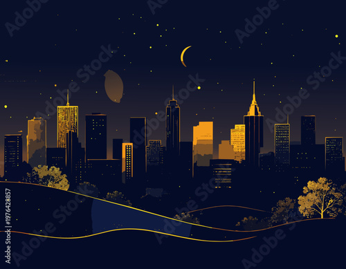  Panorama urbano nocturno con edificios iluminados en tonos dorados, luna creciente y detalles decorativos en el cielo.
