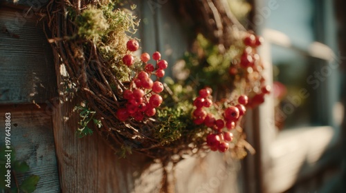 Eco friendly Christmas wreath made of dry materials and red berries adorning a rustic wooden door during the holiday season