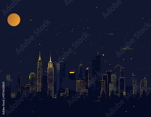  Ciudad nocturna iluminada con rascacielos, luna brillante y cielo lleno de estrellas creando ambiente tranquilo.
