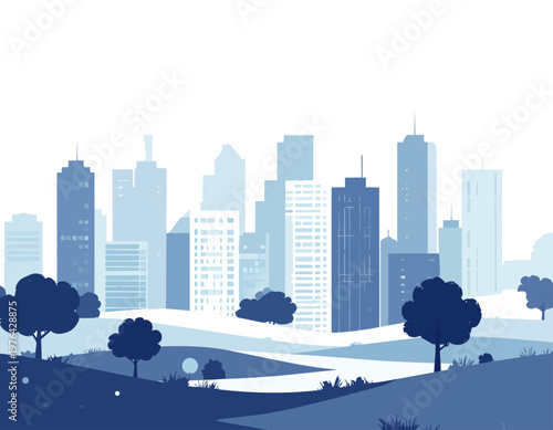  Paisaje urbano con rascacielos modernos al fondo y parque con árboles en primer plano bajo luz diurna suave.
