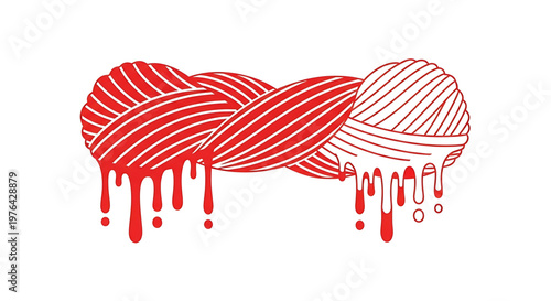 A vector graphic illustration of three skeins of yarn with red and white stripes and dripping paint