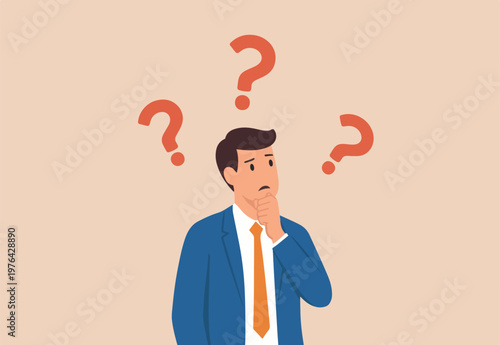 Ask questions, FAQ, problem or curiosity, doubt and confusion to be answer, challenge and uncertainty, unknown information or solution concept, contemplation businessman thinking with question marks