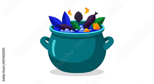 A vibrant teal cauldron filled with colorful potions and mystical ingredients on a white background