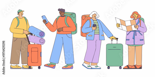 Diverse group of travelers with luggage preparing for a journey
