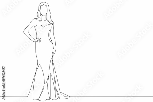 Elegant woman in a long gown depicted with a single continuous line
