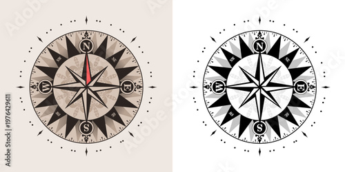 Wind Rose Compass Navigation design template. Pastel old color. Vector vintage wind rose symbol. Compass icon close up, isolated on white background. Colored and black and white elements.