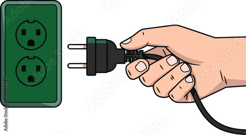 Electrical plug illustration, hand holding power plug near wall socket for electricity connection, safety awareness, and energy usage concept.