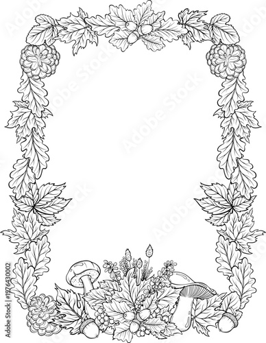 Autumn rectangle frame with with mushrooms, fallen leaves and acorns. Forest design. For invitation, greeting card, print. Vector illustration in hand drawn sketch style. Line art isolated on white