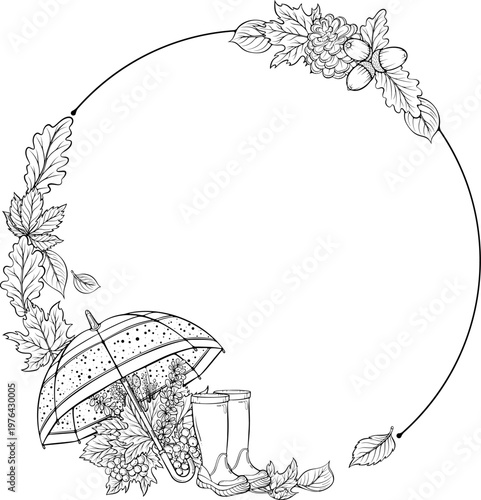 Round autumn frame with umbrella, rubber boots, fallen leaves. Great for kids design, sticker, coloring page, seasonal decor. Vector illustration in hand drawn sketch style. Line art isolated on white
