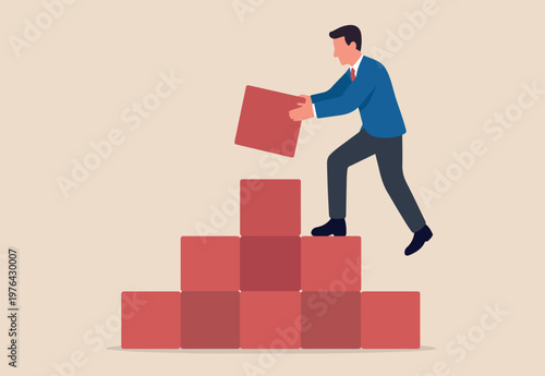 Build business success stairs, self development or career growth and job improvement, growing up or job promotion concept, businessman building staircase to progress ascending business growth
