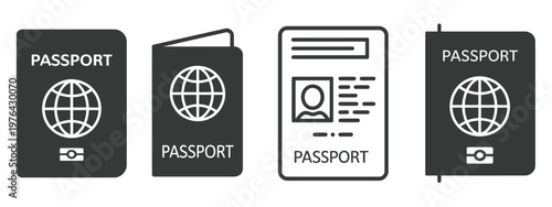 Passport document icons illustration set, simple travel identity symbols for web design, immigration, and international journey concept.