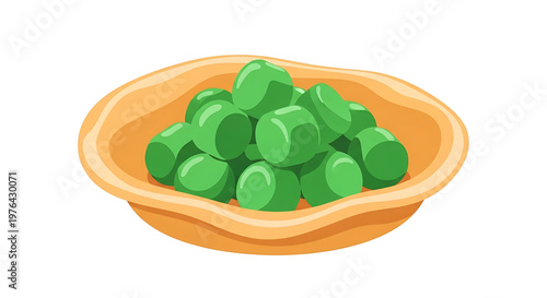 A vector graphic illustration of a bowl filled with green peas on a white background