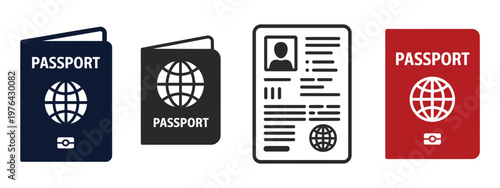 Travel passport icons illustration set, simple document symbols for identity, immigration, and international journey web design concept.