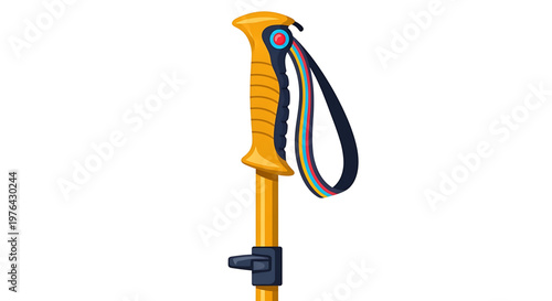 A vibrant yellow hiking pole with a black wrist strap and colorful accents on a clean white background
