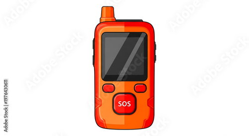 A vibrant orange SOS device with a screen and buttons on a white background