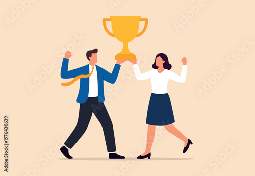 Team success, partnership or teamwork to win business competition, winner or achievement, work together or cooperation concept, businessman and businesswoman partner celebrate winning victory trophy